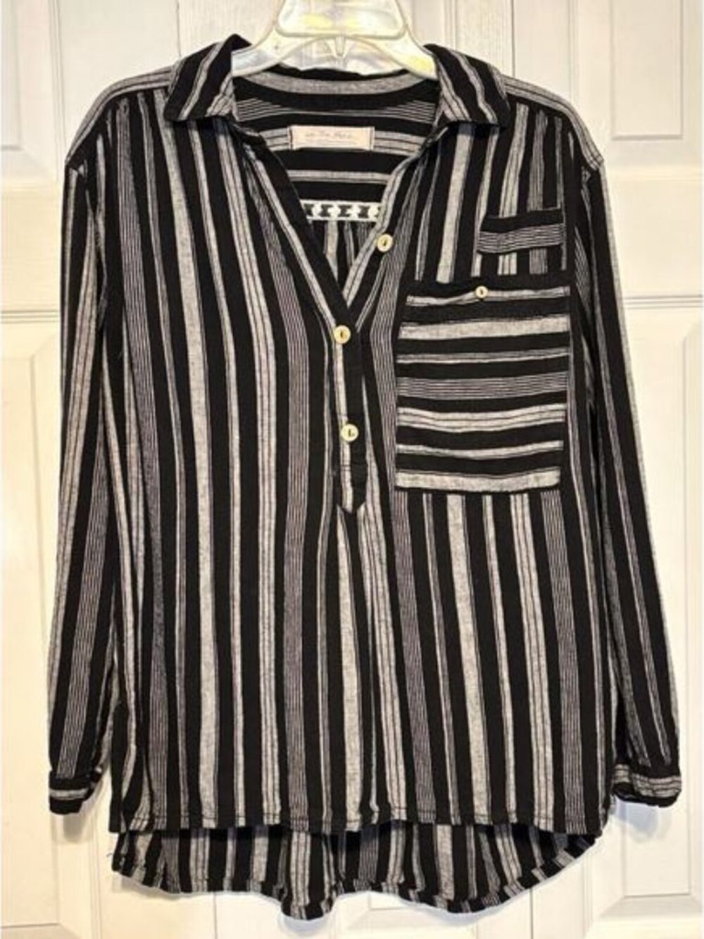 We The Free Womens Black Gray Linen Blend Summer Breeze Stripe Popover S Boho